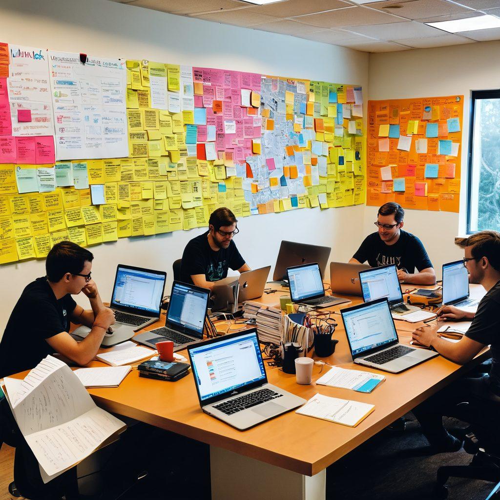A diverse group of Linux users collaborating around a large table filled with laptops, coding books, and coffee cups. Brightly colored sticky notes and charts illustrating Linux resources adorn the walls. A glowing Linux logo in the center, symbolizing empowerment and community. The atmosphere is vibrant and engaging, showing enthusiasm and support. super-realistic. vibrant colors. white background.