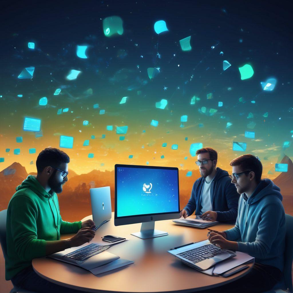 A vibrant digital landscape showcasing a diverse group of people engaged in animated discussions around Linux on their laptops and tablets, with colorful Linux logos floating in the background. The scene should convey a sense of community and collaboration, with thought bubbles illustrating tips and ideas. The setting should be modern and tech-savvy, with green and blue hues to symbolize innovation. super-realistic. vibrant colors. 3D.