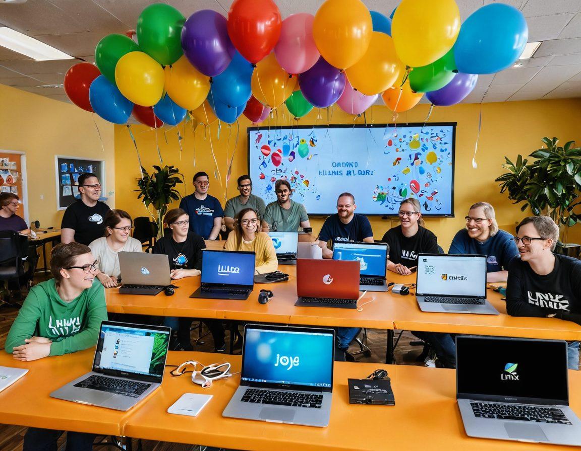 A vibrant and welcoming Linux community gathering, featuring a diverse group of cheerful people collaborating around a colorful table filled with laptops and Linux logos. Bright banners promote inclusivity and support, with multicolored balloons and plants enhancing the atmosphere. In the background, a digital display shows tips and resources for Linux users, fostering a sense of unity and joy. super-realistic. vibrant colors. open and airy composition.